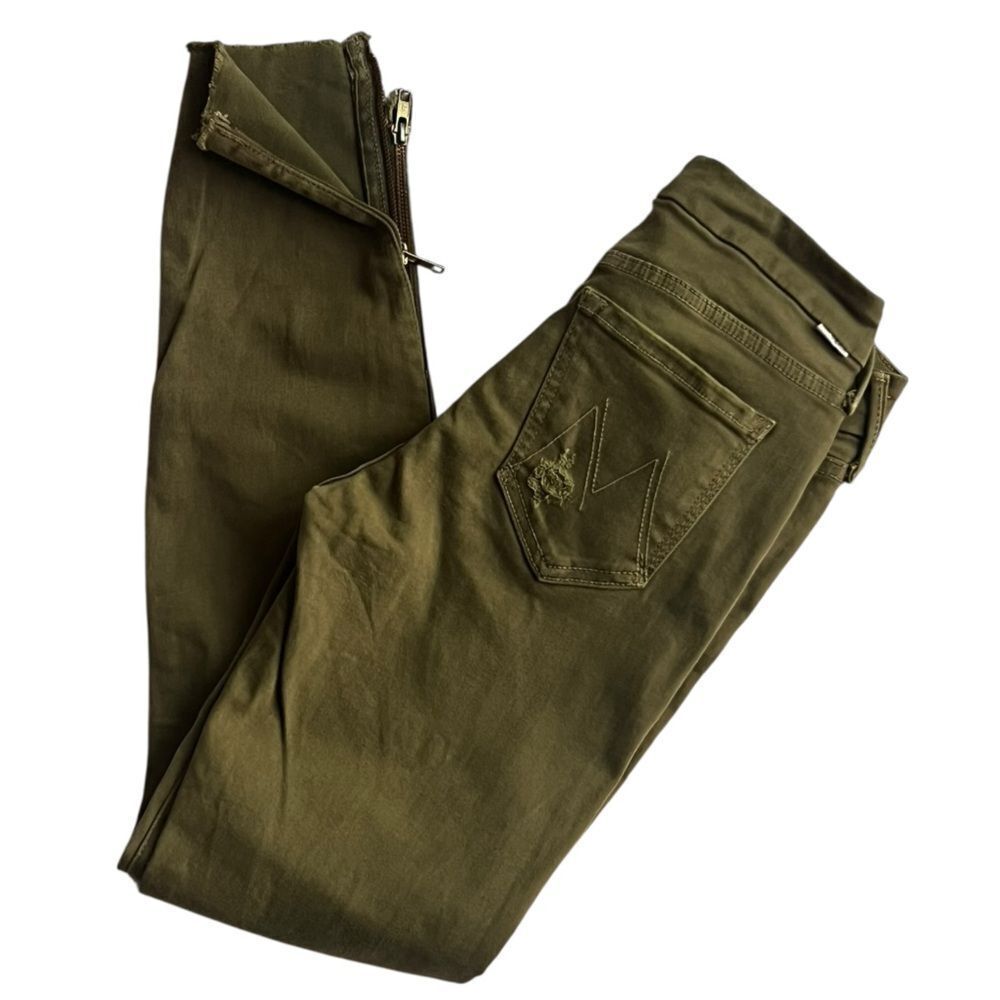 MOTHER Looker Zip Fray Olive Green Skinny Ankle Zipper Distressed Jeans Sz 25